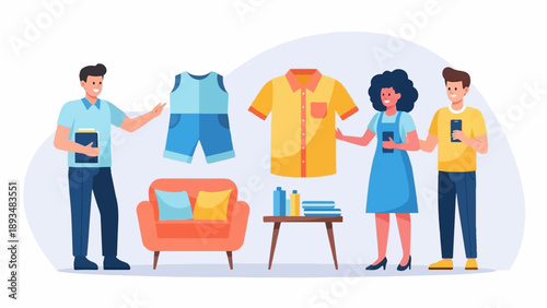 Diverse individuals gather, showcasing apparel and furnishings in a clean, modern setting