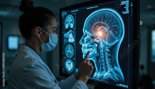 Medical Professional Analyzing Brain Scan on Digital Screen