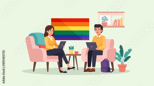 Diverse pair collaborates in cozy room with pride flag