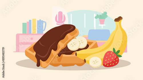 Delicious chocolate-covered waffles with fresh fruit and books