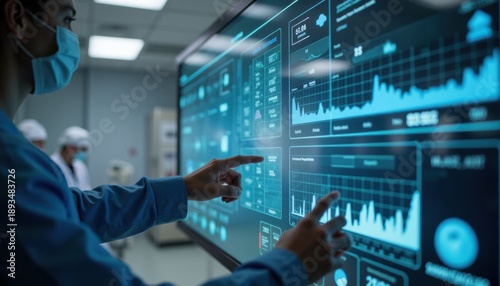 Data Analyst Interacting with Digital Interface in Healthcare Facility