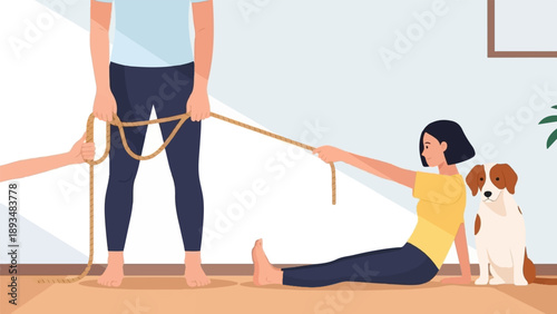 Diverse people and a dog engage in a playful rope tug-of-war indoors