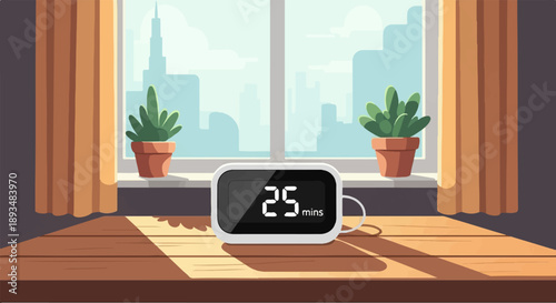 Digital timer on a wooden table in front of a window with potted plants