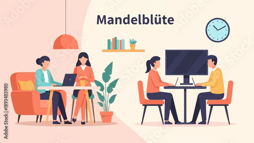 Diverse people collaborating in a modern office space, a clock ticking