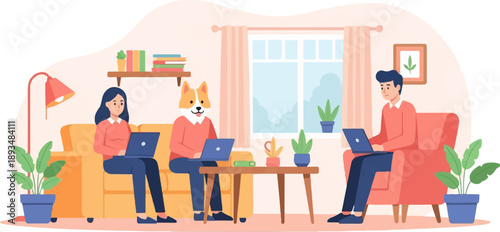 Diverse group working on laptops in a cozy living room with plants