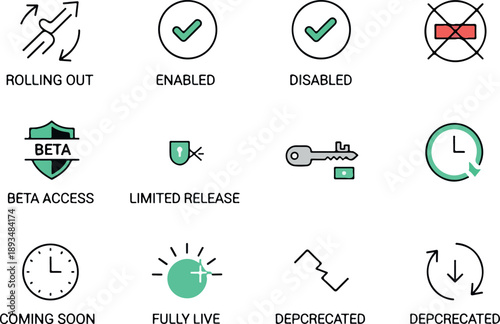 Set of icons representing different software release statuses and access levels, including beta, limited, and upcoming releases