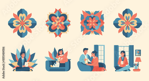 Diverse people in peaceful indoor and abstract floral settings