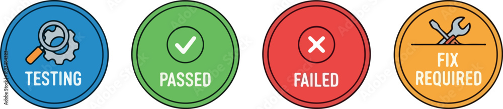 Obraz premium Quality assurance process icons Testing, Passed, Failed, and Fix Required status indicators for software or product development