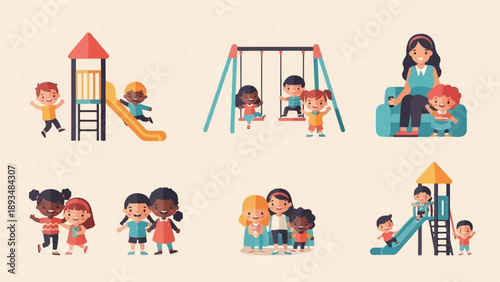 Diverse children enjoying various playground activities and interacting playfully