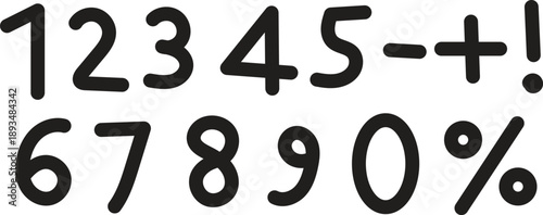 A set of hand drawn numbers and mathematical symbols on a white background