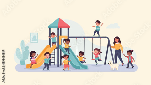 Diverse children joyfully play on a colorful playground with a dog and adult