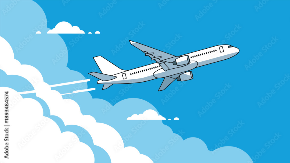 Naklejka premium Commercial airplane flying through white clouds in a clear blue sky representing travel, aviation, and global transportation services.