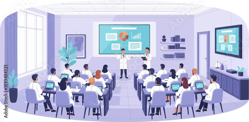 Doctors in white coats attend a presentation with charts and graphs