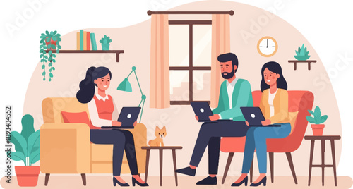 Diverse people working on laptops in a cozy, plant-filled room