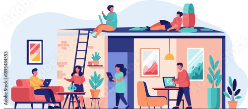 Diverse individuals collaborate and relax in a modern, multi-level home setting