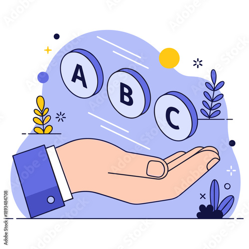 Hand holding alphabet discs with abstract background design