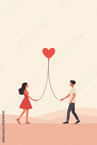 Man and woman holding heart balloon strings representing love and romantic connection