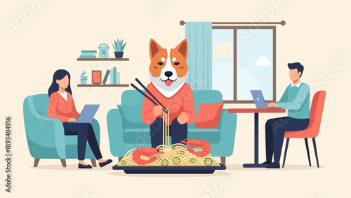 Dog with noodles, humans working on laptops in a cozy living room