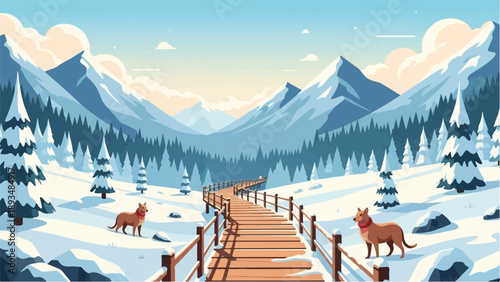 Dogs explore a snowy mountain landscape with a wooden boardwalk