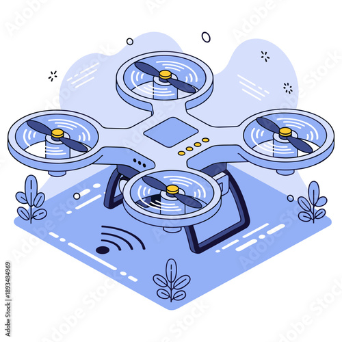 Blue quadcopter drone in flight over abstract landscape with plants and tech elements