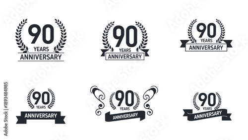 Set of diverse 90 years anniversary commemorative badges with laurel wreaths and ribbons for celebrating a significant milestone.