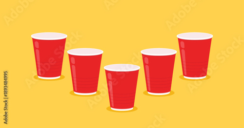 Vector Red plastic cup isolated on yellow background. Red plastic party cup.