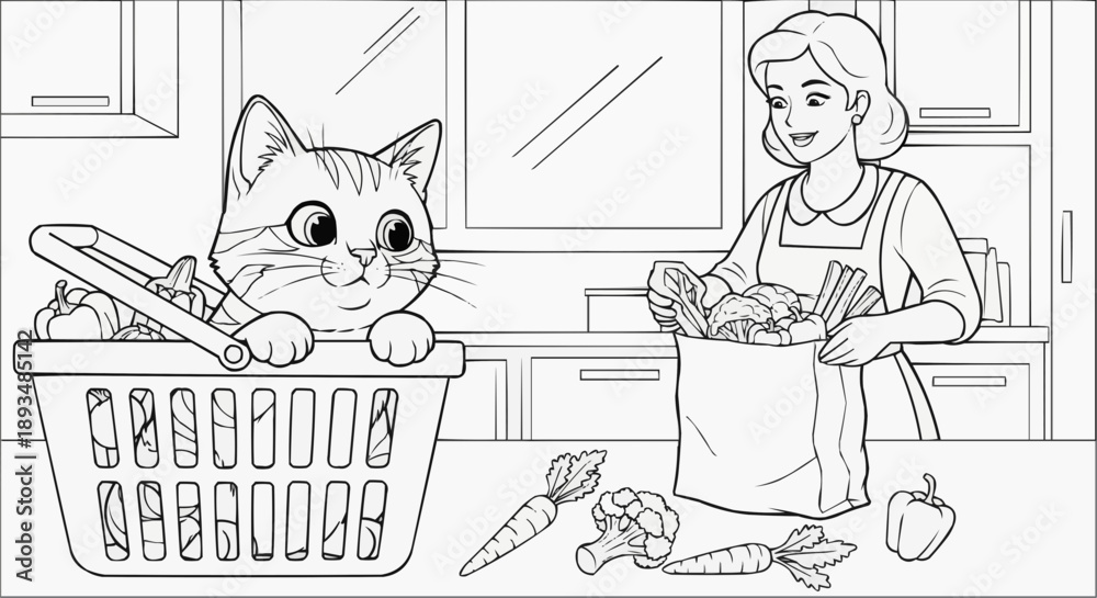 Fototapeta premium Coloring book for children — A cat in a basket with groceries in the kitchen