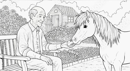 Coloring book for children — An elderly man feeds an apple to a gentle horse, sitting on a bench in a bright garden