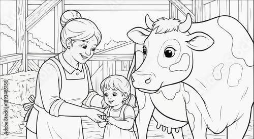 Grandma introduces the girl to a friendly cow in a barn setting