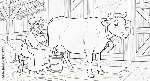 Coloring book for kids — An elderly woman milks a cow in a cozy barn with a bucket