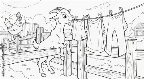 Coloring book for children — A goat on a farm is trying to steal laundry