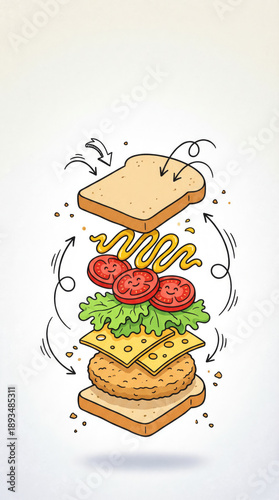 Wallpaper Mural Exploded View Cartoon Sandwich Illustration With Cute Ingredients Torontodigital.ca