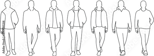 Casual menswear outline illustration set featuring modern male poses in minimalist line art style, everyday fashion clothing silhouettes for design, branding, and editorial use