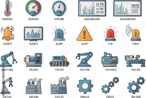 Industrial Equipment Icons Representing Machine Operations and Performance Monitoring