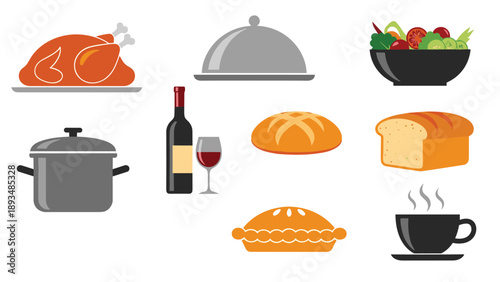 Collection of various food items including roasted turkey, salad, bread, pie, and wine for a traditional holiday dinner or feast.