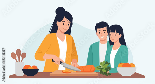 Family happily preparing healthy food together in a bright kitchen setting