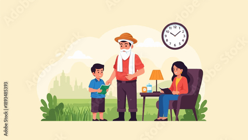 Family in a park with a clock and city skyline in background