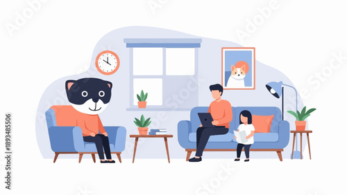Family and pet relax indoors, enjoying leisure time at home
