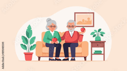 Elderly couple holding apples while sitting on a sofa with plants