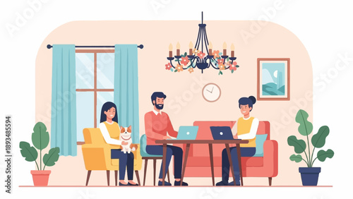 Family members and pet working and relaxing in a cozy living room