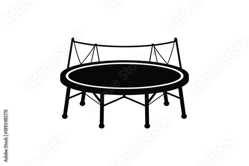 Outdoor exercise trampoline with safety enclosure net silhouette for backyard sports and recreational fun art