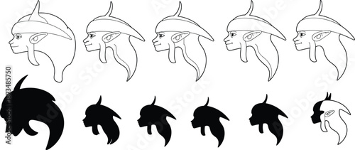 Fantasy humanoid character head profile illustration set featuring horned elf faces in outline and silhouette styles, side view designs for games, animation, and concept art