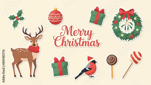 Festive Christmas icons with a deer, bird, gifts, and treats