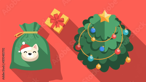 Festive Christmas scene with a decorated tree, gift, and a dog in a Santa hat