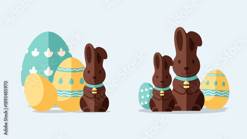 Flat design chocolate bunnies and decorative eggs, festive Easter symbols