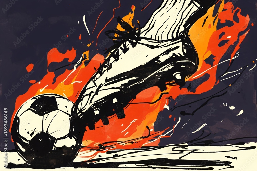 Fototapeta premium Illustration of soccer player foot striking a ball with fiery passion. Dynamic sport concept for competition, match poster.