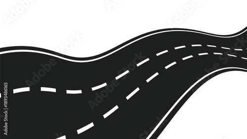 Winding asphalt road with white dashed lane markers, symbolizing travel, journey, adventure, and the path forward in life.