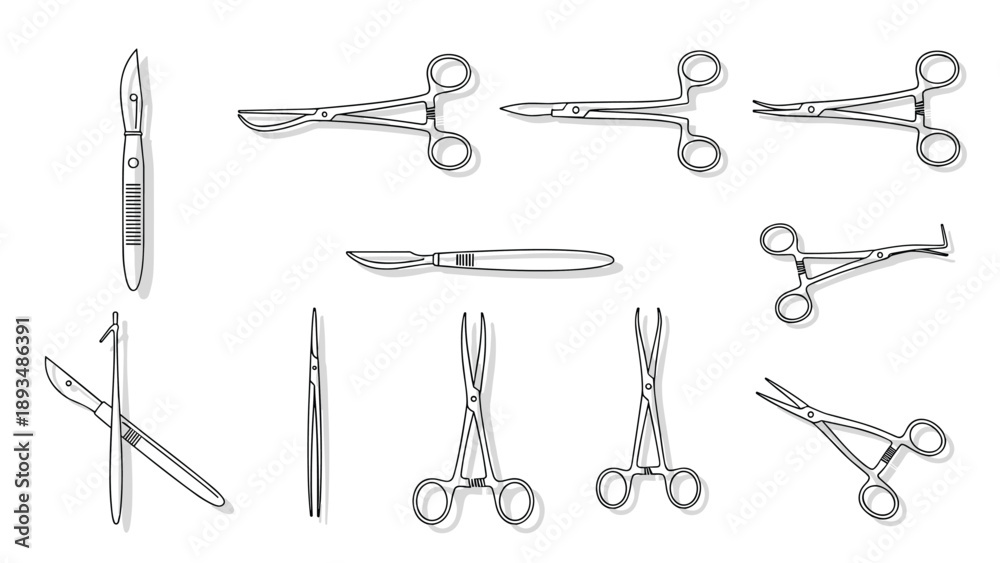 Naklejka premium Detailed line art collection of various medical surgical instruments including scalpels, forceps, and scissors for medical procedures.
