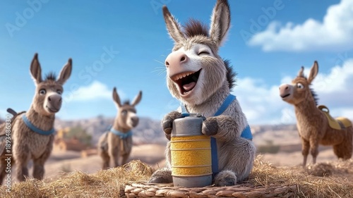 A donkey singing cheerfully with other donkeys in a vibrant countryside setting.