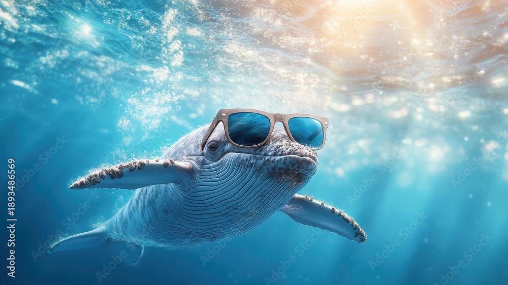 Obraz premium A whale wearing sunglasses swimming gracefully through the deep ocean.